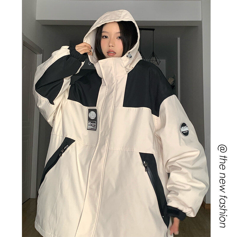 Winter label hooded couple's unisex waterproof and windproof plus velvet and thickened warm ski jacket