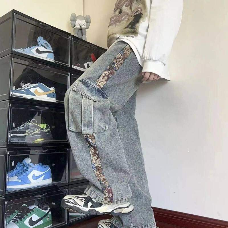 American embroidery stitching multi-pocket couple's loose straight wide-leg work jeans