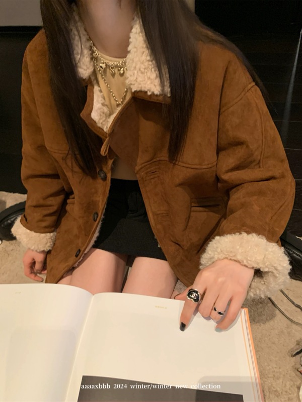 aaaaxbbb York accent suede all-in-one coat coat jacket lapel long sleeves contrasting design three colors