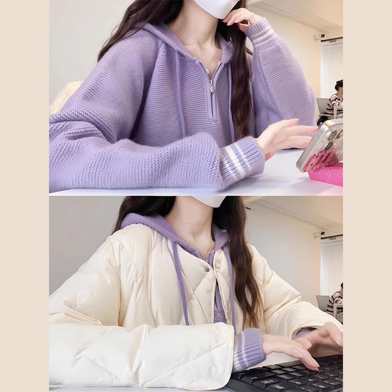 Lazy breast fufu soft and waxy purple hooded sweater for women 2024 new autumn and winter knitted cardigan jacket with high quality