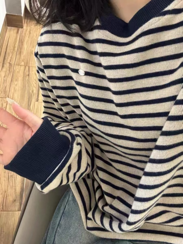 American oversize striped round neck sweatshirt for women spring and autumn 2024 new hot style loose unique super good-looking top