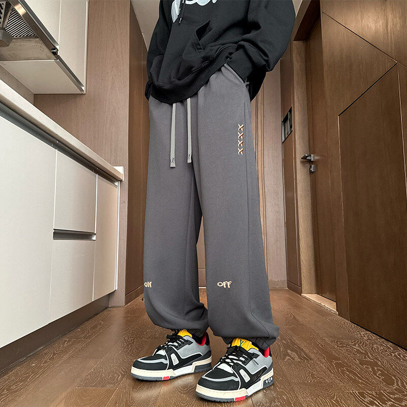 Change to thinner autumn new Hong Kong style interior embroidered sweatpants