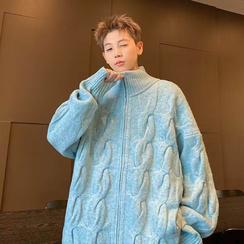 Twist zipper cardigan sweater men's winter trendy brand loose casual lazy sweater jacket