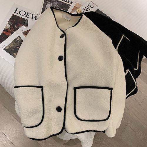 Round neck lamb wool coat for women 2024 new autumn Korean style loose lamb wool top for small people