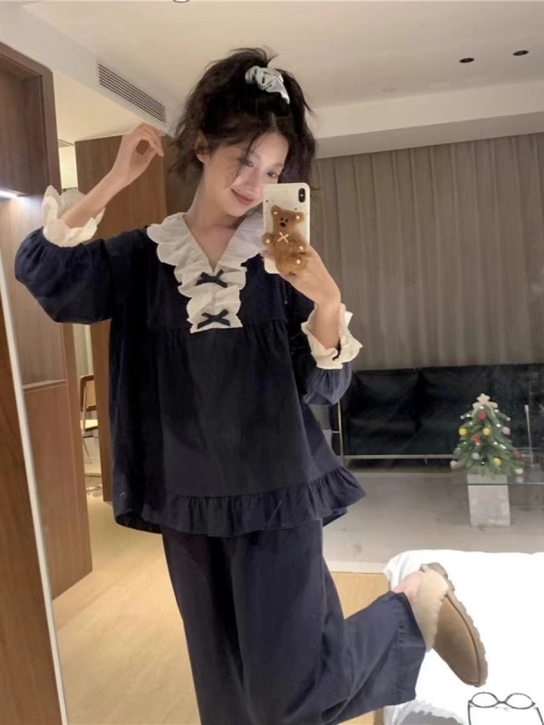 Imitation cotton fabric pastoral style pajamas for women spring and autumn sweet Korean version can be worn outside thin long sleeves