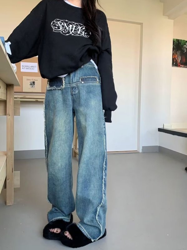 Summer new large size fat mm hot girl retro high waist loose straight denim floor-length wide-leg pants