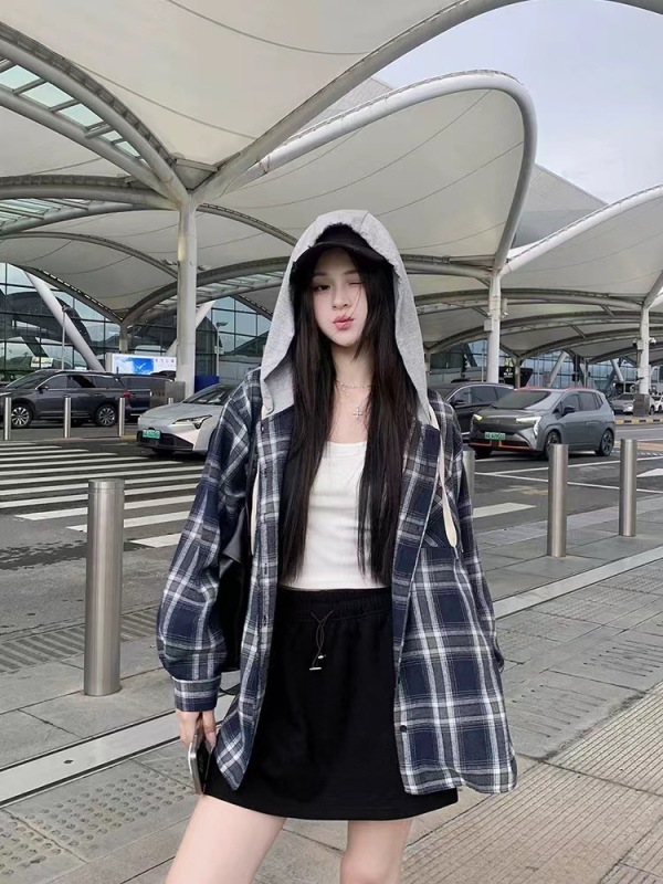 Designed plaid hooded loose coat women's early autumn niche casual slimming single-breasted shirt