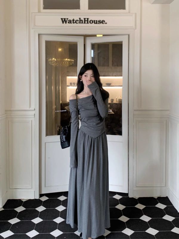 Fashionable temperament Korean suit for women autumn 2024 new one-shoulder irregular long-sleeved top drape skirt