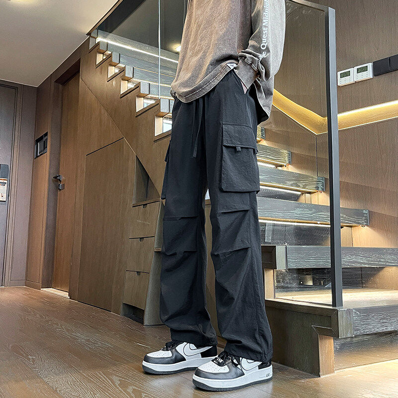 Autumn new micro-elastic fabric paratrooper overalls men's trendy scimitar casual pants