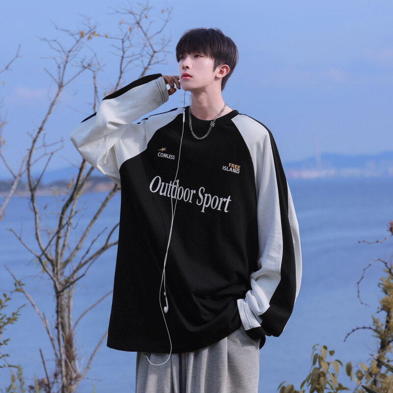 Round neck simple contrasting color stitching motorcycle hip-hop T-shirt long-sleeved bottoming shirt