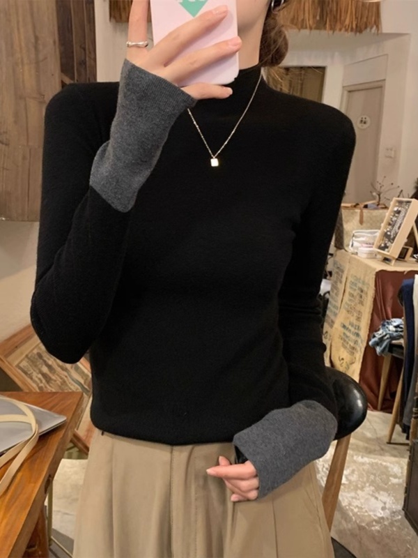 Contrast color half turtleneck knitted sweater women's 2024 autumn and winter slim fit and stylish inner top black bottoming shirt