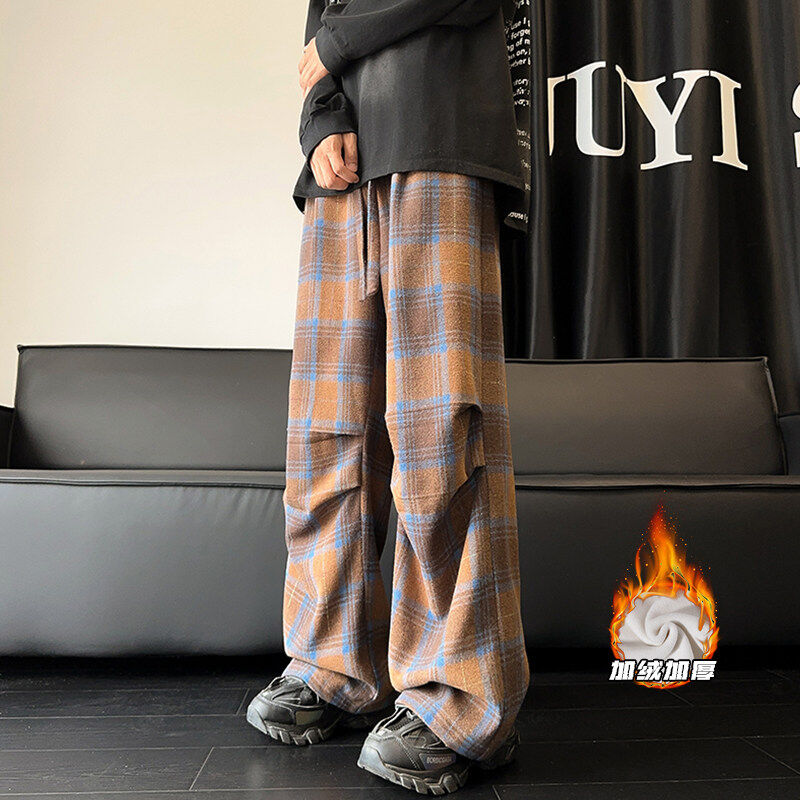 Interior view of large size woolen plaid trousers