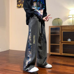 High quality new style patchwork washed jeans men's elastic waist straight floor mopping pants