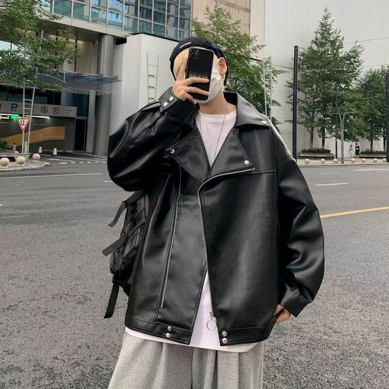 Motorcycle leather jacket men's autumn loose outer wear lapel jacket trendy