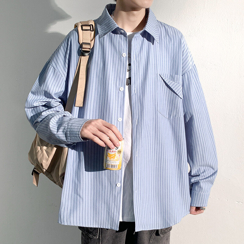 Spring trendy oversize loose bf striped long-sleeved shirt men's shirt casual jacket