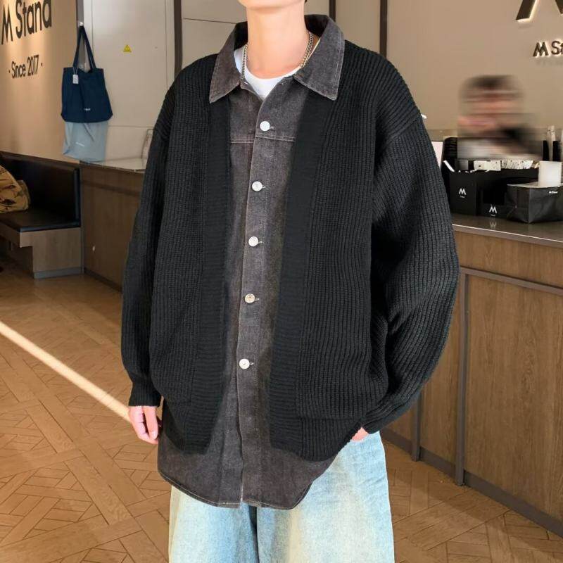 Fake two-piece knitted sweater for boys, cardigan jacket, distressed denim lapel patchwork sweater