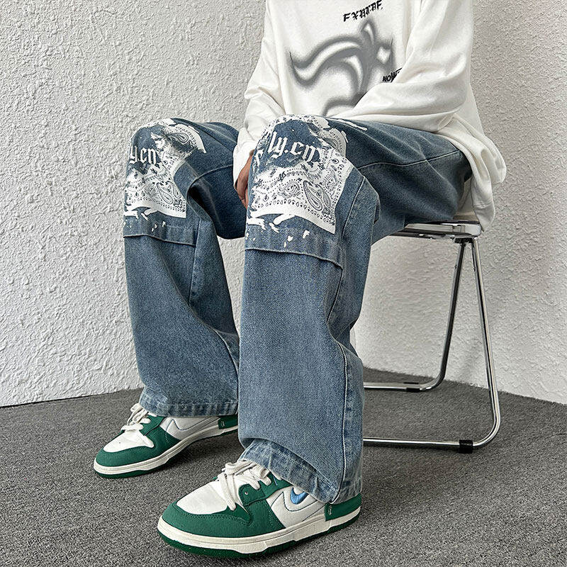 Autumn New Youth Trendy Splicing Men's Letter Print Jeans Large Size
