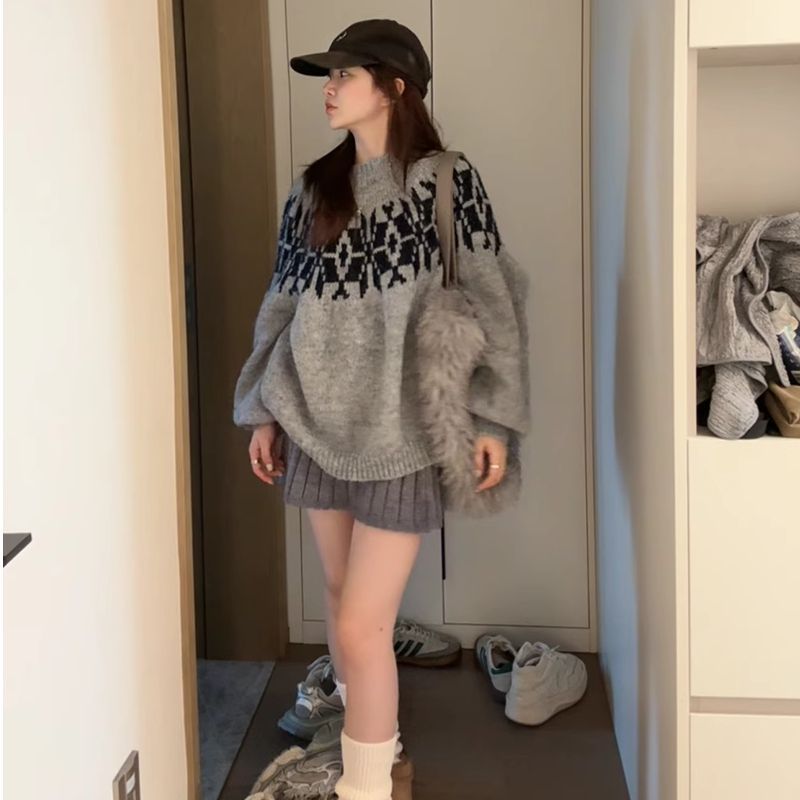 Korean retro Fair Isle sweater for women autumn and winter new style lazy style loose pullover sweater top