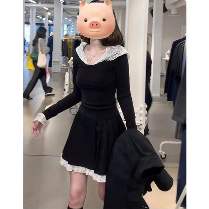 2024 New Small Black Hooded Knitted Dress Women's Early Autumn High-Quality Lace Suit Skirt