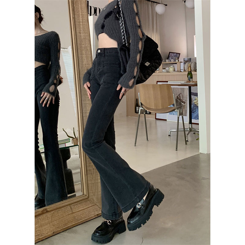 Black jeans spring and summer new style pocket design niche slightly flared wide leg pants floor mopping trousers women's trendy