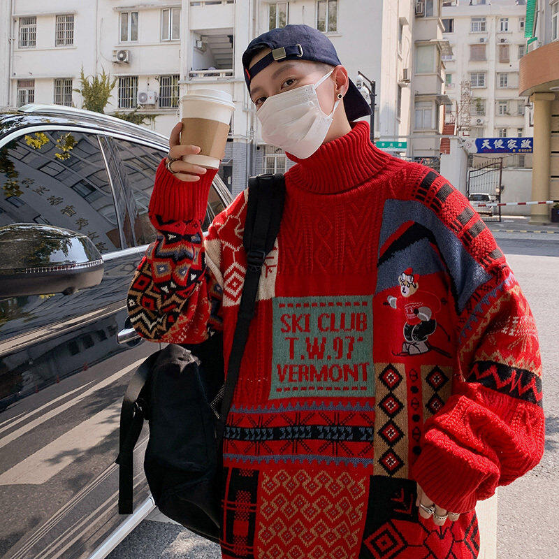 Christmas sweaters for men and women, couple outfits for the year of birth, red turtleneck sweater jacket, winter