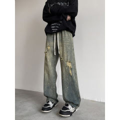 Jeans men's American high street vibe style ripped holes loose casual long pants