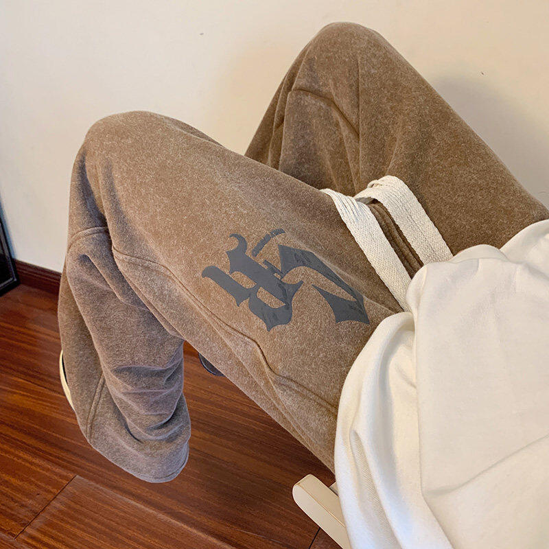 Spring Washed Distressed Foam Printed Couple Sweatpants Large Size Casual Pants