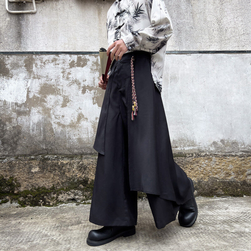 Retro Yamamoto style irregular layered culottes Chinese style niche design genderless wide leg trousers