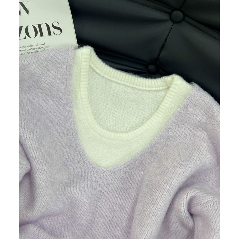 Purple v-neck sweater women's autumn and winter new high-end loose inner knitted vest top two-piece set
