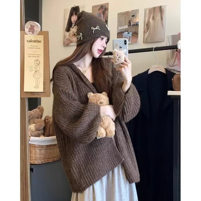 2024 Autumn Women's Clothing Thick, Lazy, Soft and Waxy Hooded Lantern Sleeve Knitted Sweater Cardigan Jacket Slim Top