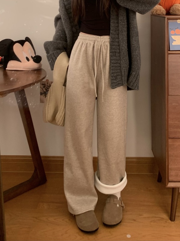 Autumn and winter plus velvet and thickened glutinous rice straight wide-leg pants for small people, versatile and slimming casual trousers