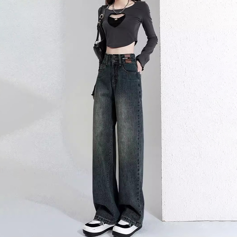 Cement gray plus velvet thickened straight jeans for women winter new high waist double button design loose slimming wide leg pants