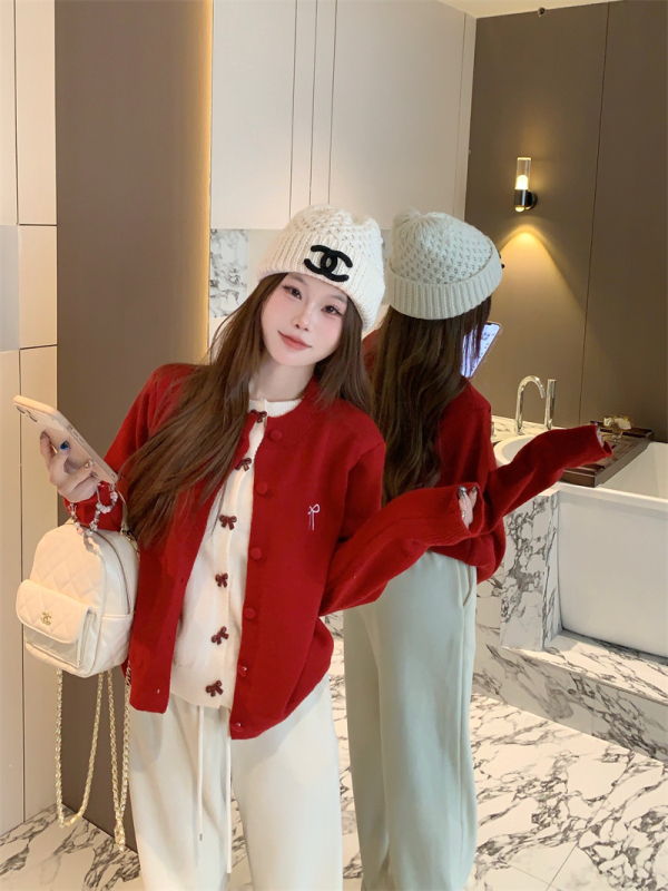 Bow embroidered retro contrast color fake two-piece sweater cardigan for women red patchwork knitted top