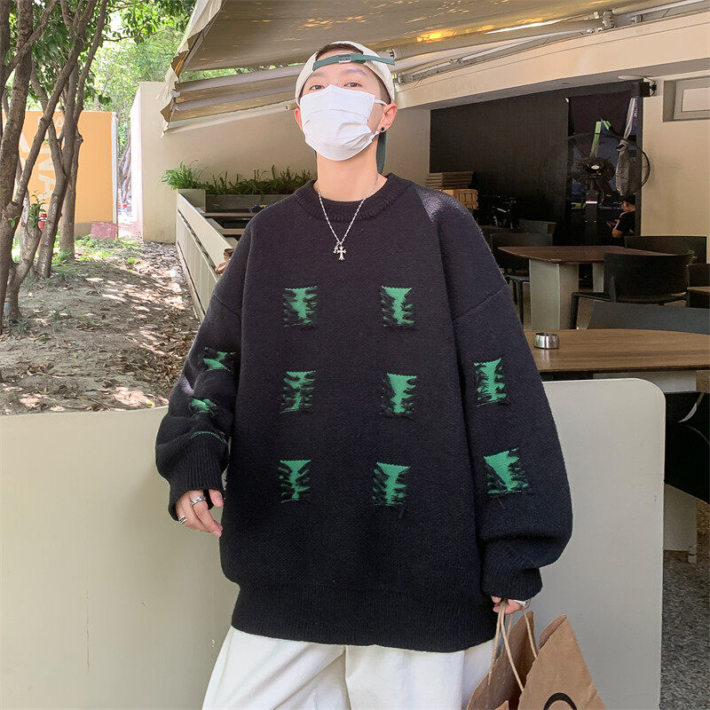 Autumn and winter Hong Kong style sweaters, contrasting color personality sweaters, men's large size sweaters, trendy large size tops, sweaters