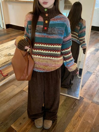 Special floral yarn retro color lapel loose pullover sweater + loose corduroy wide-leg pants two-piece set