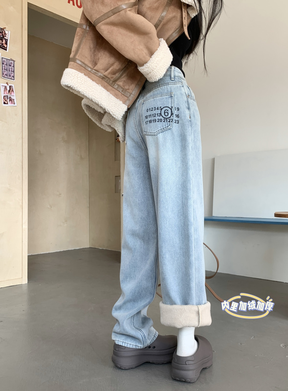 High-waisted slimming retro straight jeans with velvet and thick embroidery