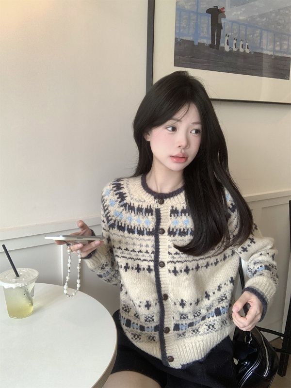 Korean style retro versatile loose lazy Fair Isle sweater women's knitted cardigan