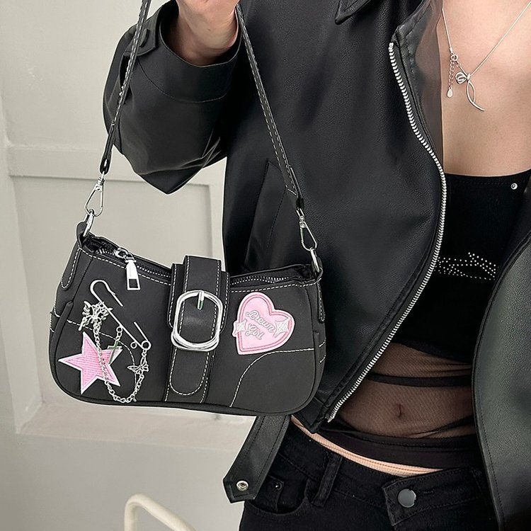 ins niche fashion love butterfly brooch armpit bag for women 2024 new y2k hot girl motorcycle baguette bag for women