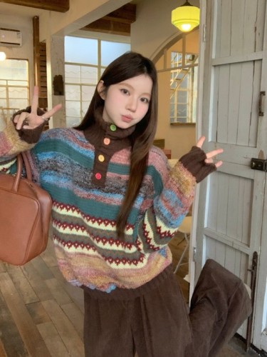 Special floral yarn retro color lapel loose pullover sweater + loose corduroy wide-leg pants two-piece set