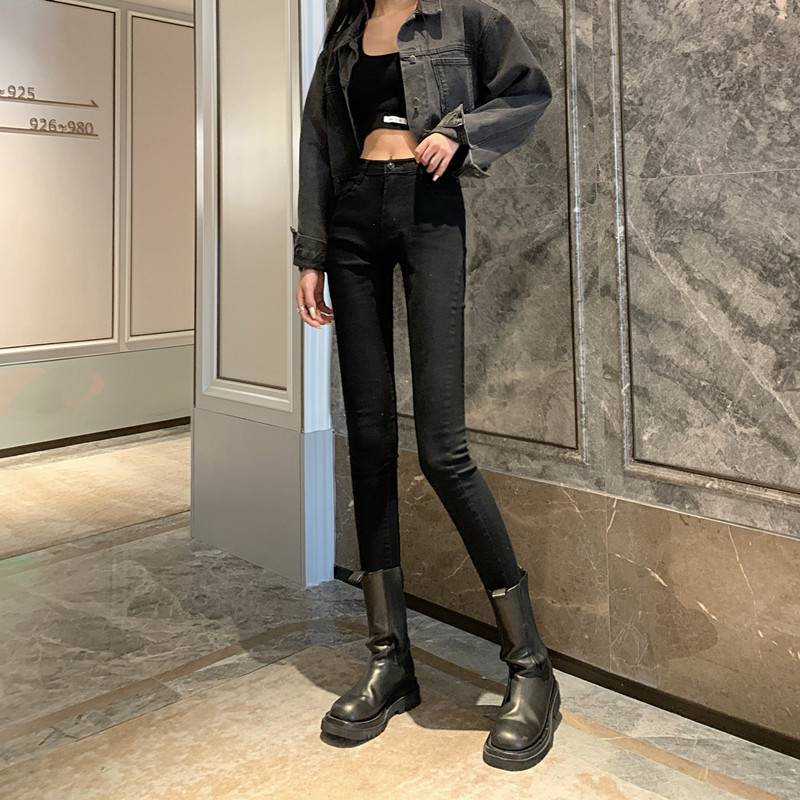 2024 Winter Korean Style High Waist Elastic Velvet Thickened Skinny Slim Pencil Jeans