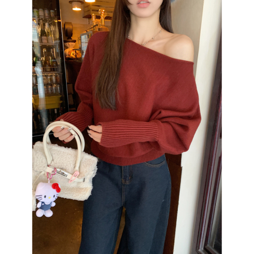 Autumn and winter Korean style one-line off-shoulder lantern sleeve Andy velvet sweater bottoming long-sleeved sweater