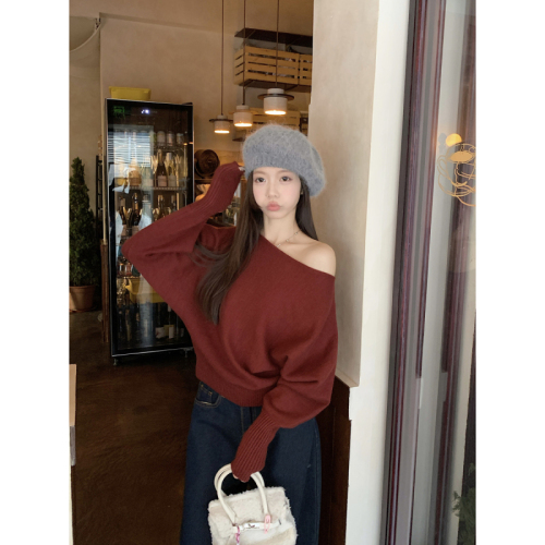 Autumn and winter Korean style one-line off-shoulder lantern sleeve Andy velvet sweater bottoming long-sleeved sweater