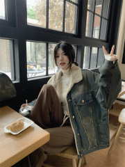 Winter new retro distressed fur edge plus velvet thickened denim short jacket rabbit velvet cotton coat