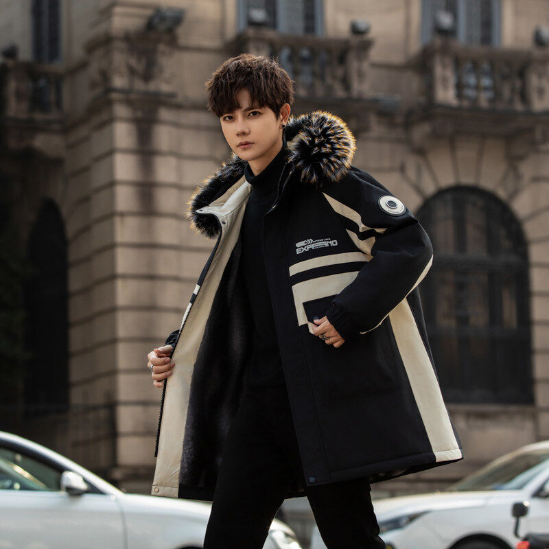 Autumn and winter new style mid-length windbreaker plus velvet jacket men's trendy warm youth cotton coat jacket