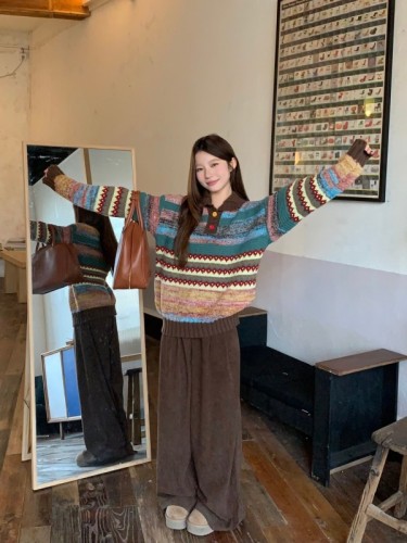 Special floral yarn retro color lapel loose pullover sweater + loose corduroy wide-leg pants two-piece set