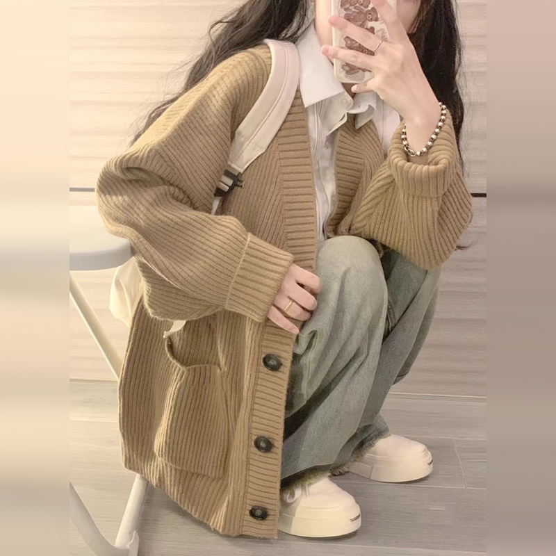 New autumn and winter college style plus size women's large board type lazy style loose sweater American knitted cardigan jacket