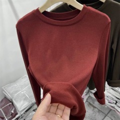 Round neck long-sleeved t-shirt for women in winter, thickened and slimming, solid color top, brushed plus velvet bottoming shirt