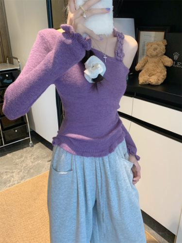 Three-dimensional flower purple off-shoulder long-sleeved sweater for women autumn and winter slim sweater versatile top