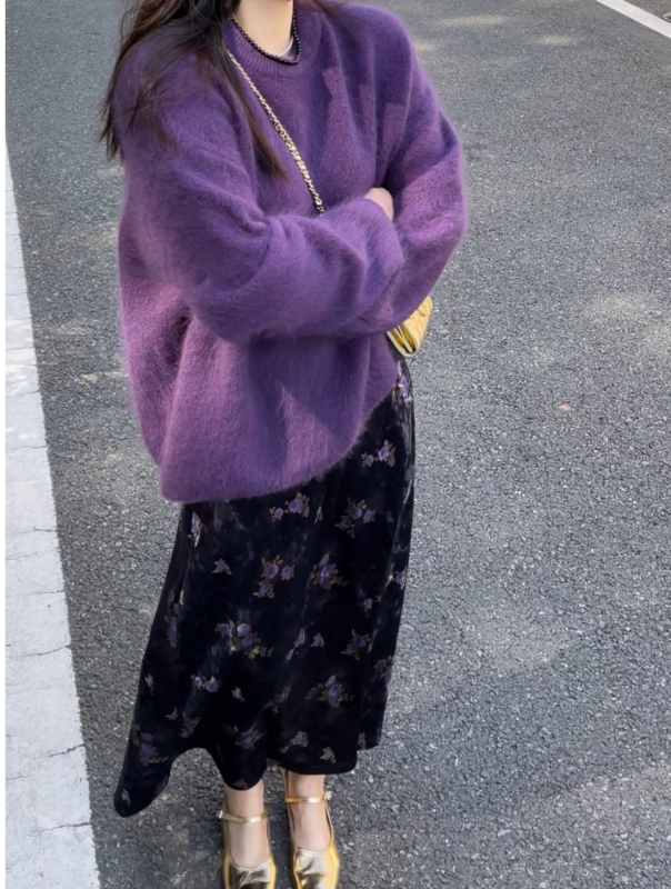 Plush pullover sweater + floral skirt