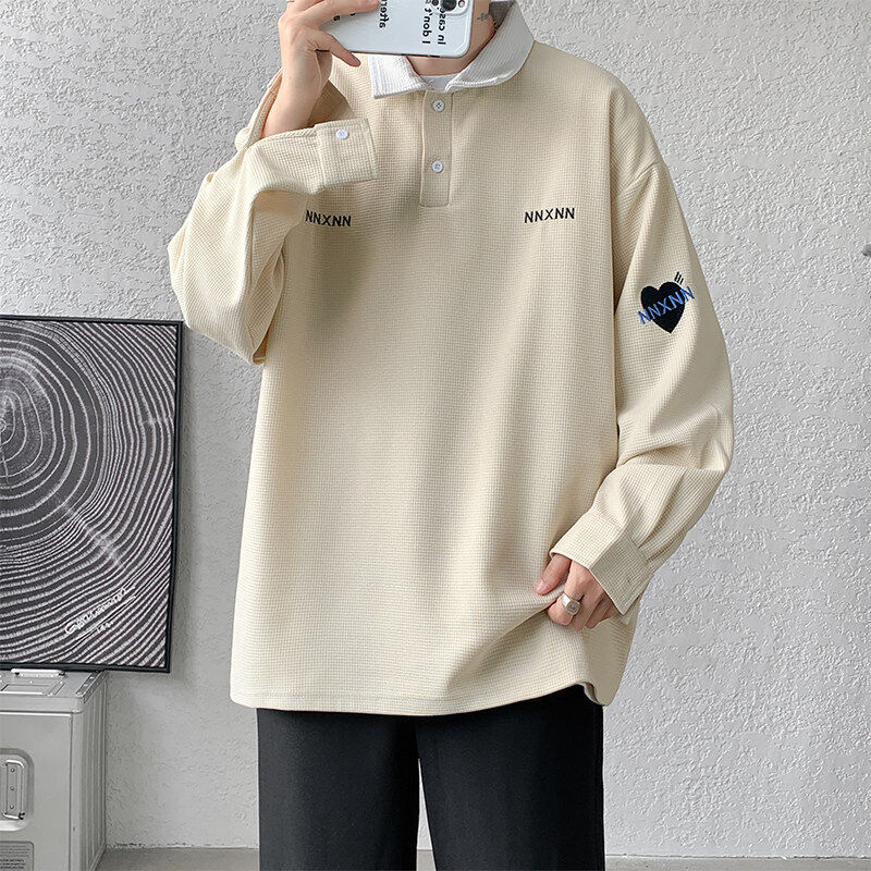 Long-sleeved polo shirt, sports lapel sweatshirt, loose preppy style embroidered top